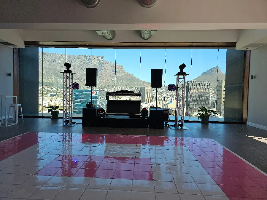 Professional DJ setup with Table Mountain view in Cape Town